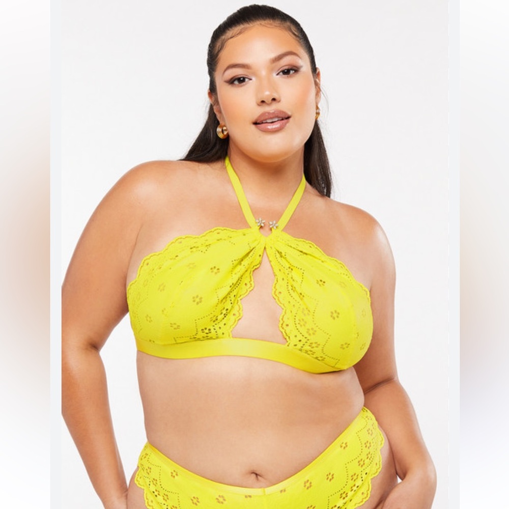 Savage X Fenty Bombshell Broderie Lace Halter Bralette in Yellow 3X NWT